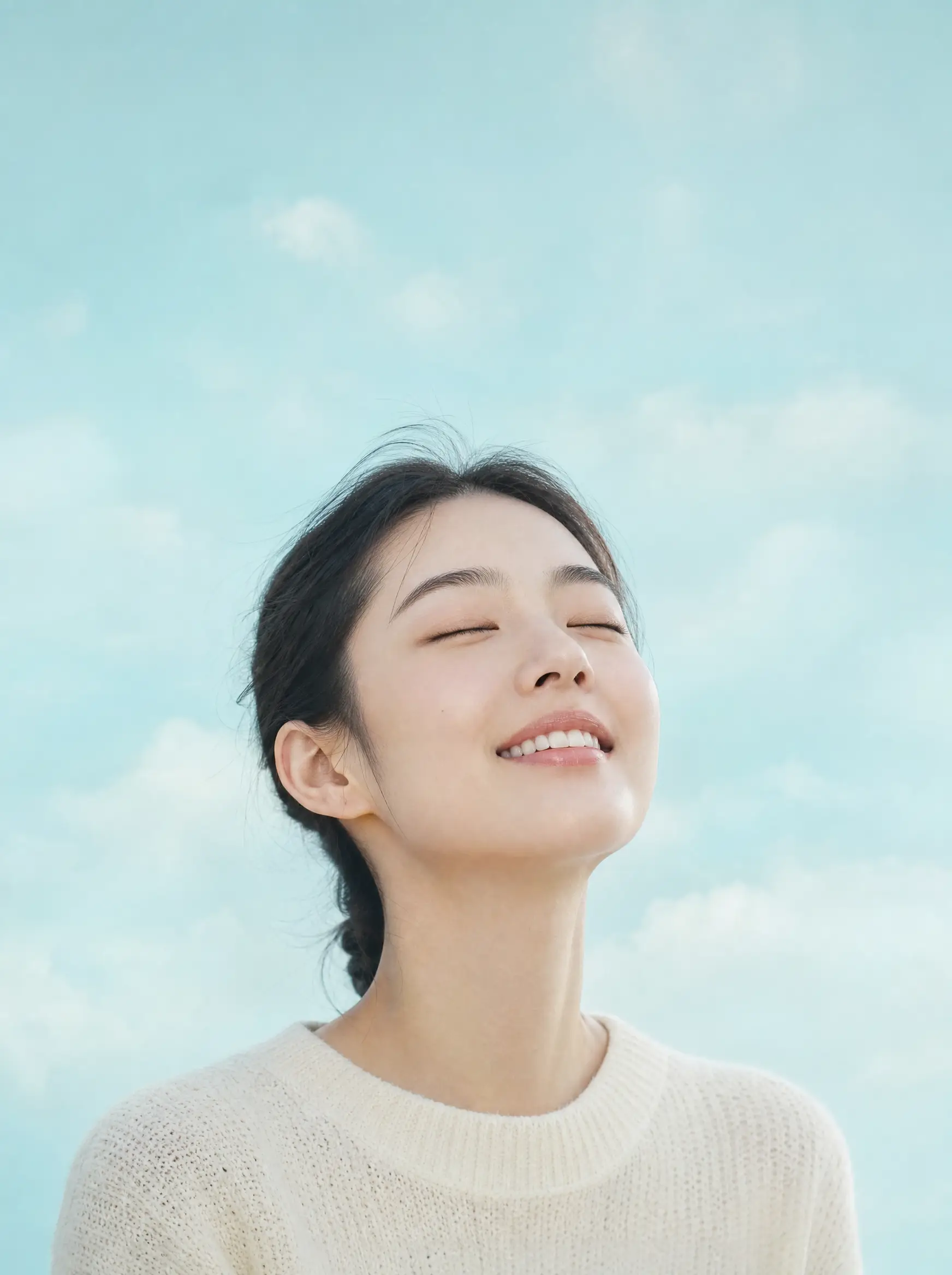A patient at ease, smiling softly in aqua morning light