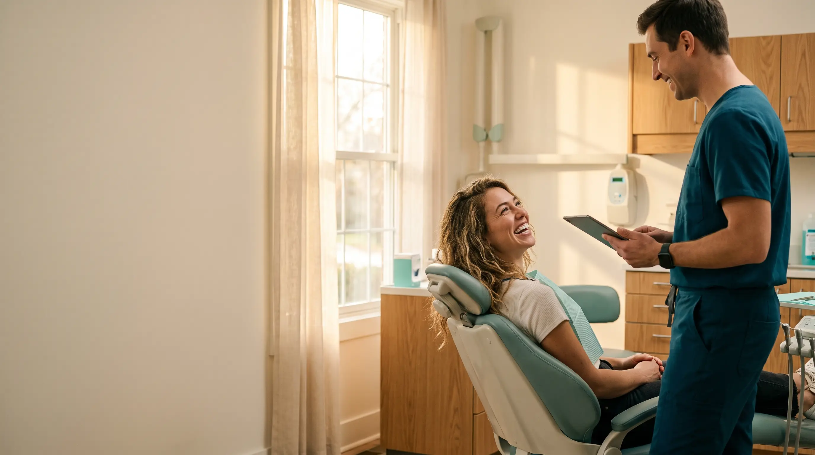 A patient laughing in the chair while her dentist talks her through the visit