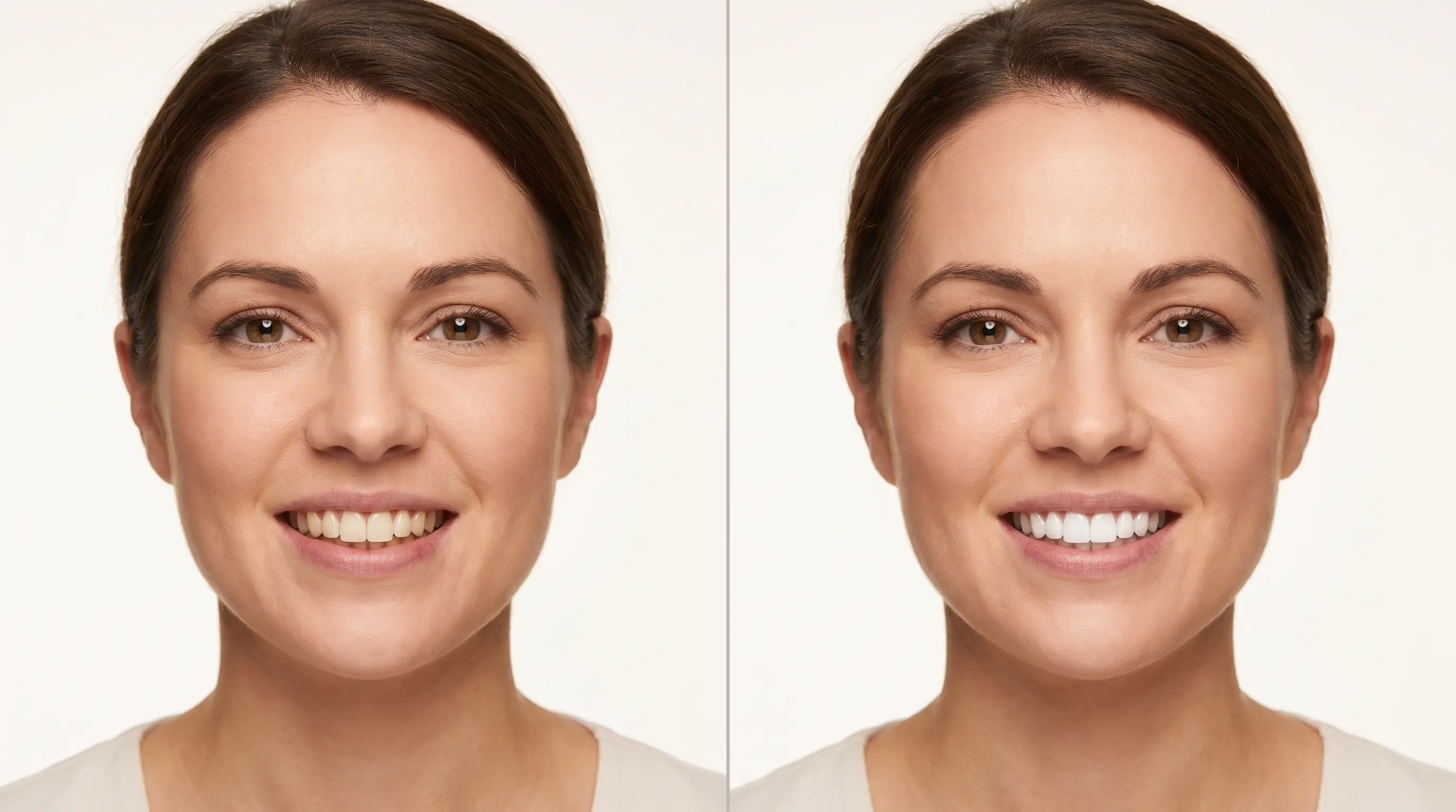 The same smile photographed before and after an illustrative whitening and edge-bonding result.