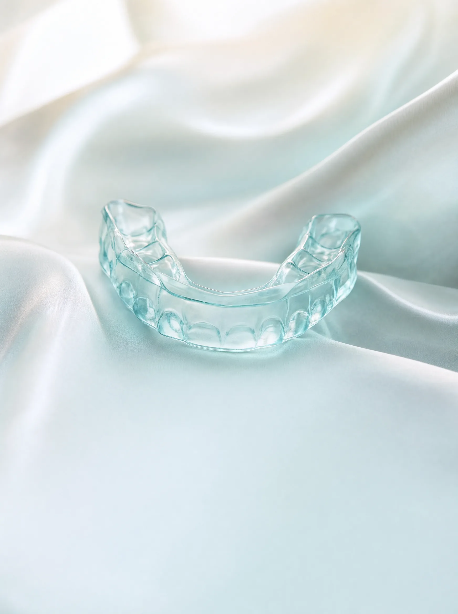 A clear custom-fitted mouthguard resting on softly draped pale aqua silk