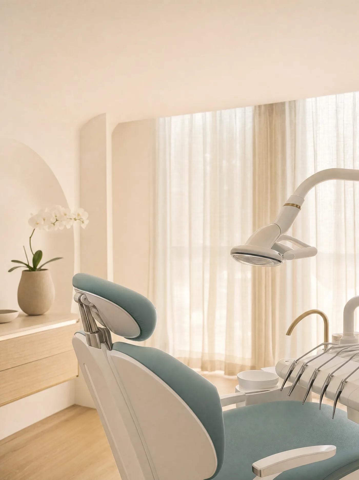 An empty dental treatment room at rest — a pale seafoam chair, an orchid on the counter, daylight through sheer curtains
