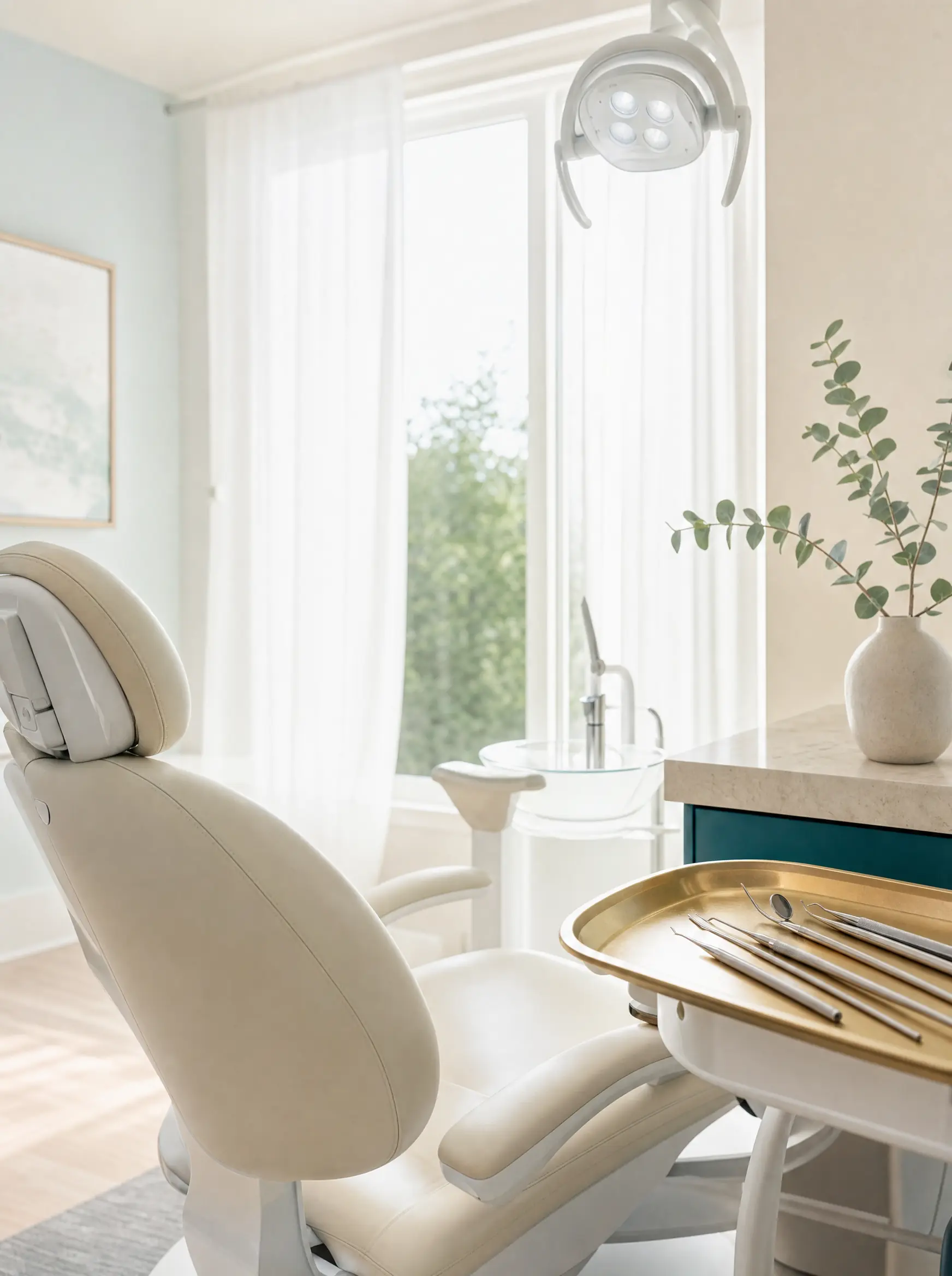 A calm, modern operatory in soft light, ready for a patient