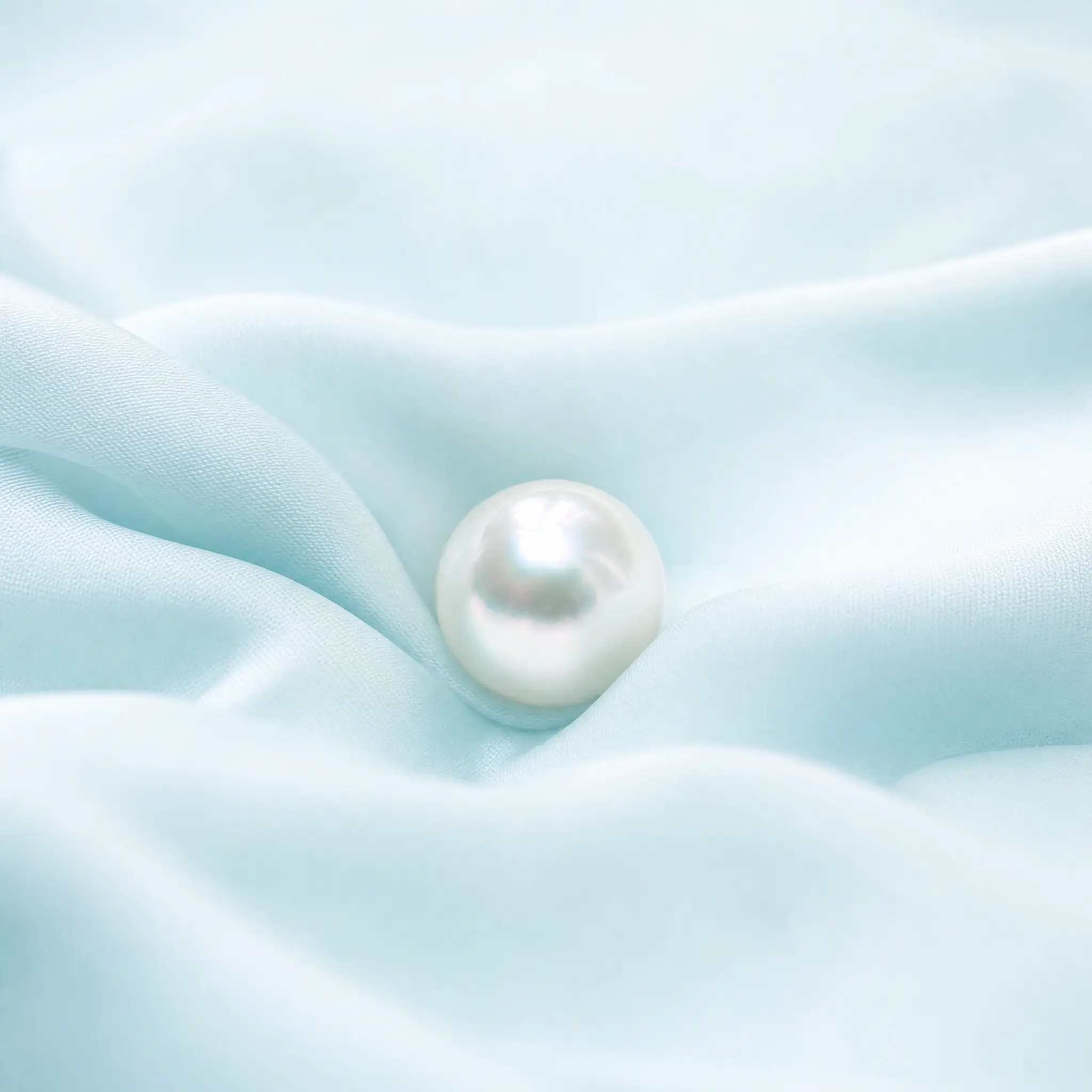 An iridescent pearl resting on pale aqua silk
