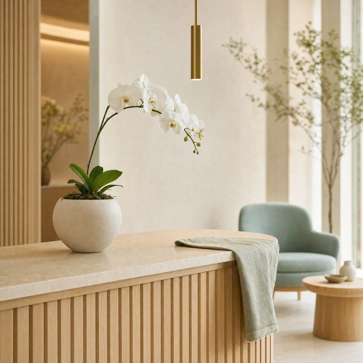 A calm welcome counter in soft daylight — pale oak, a white orchid in a stone pot, a seafoam armchair beyond