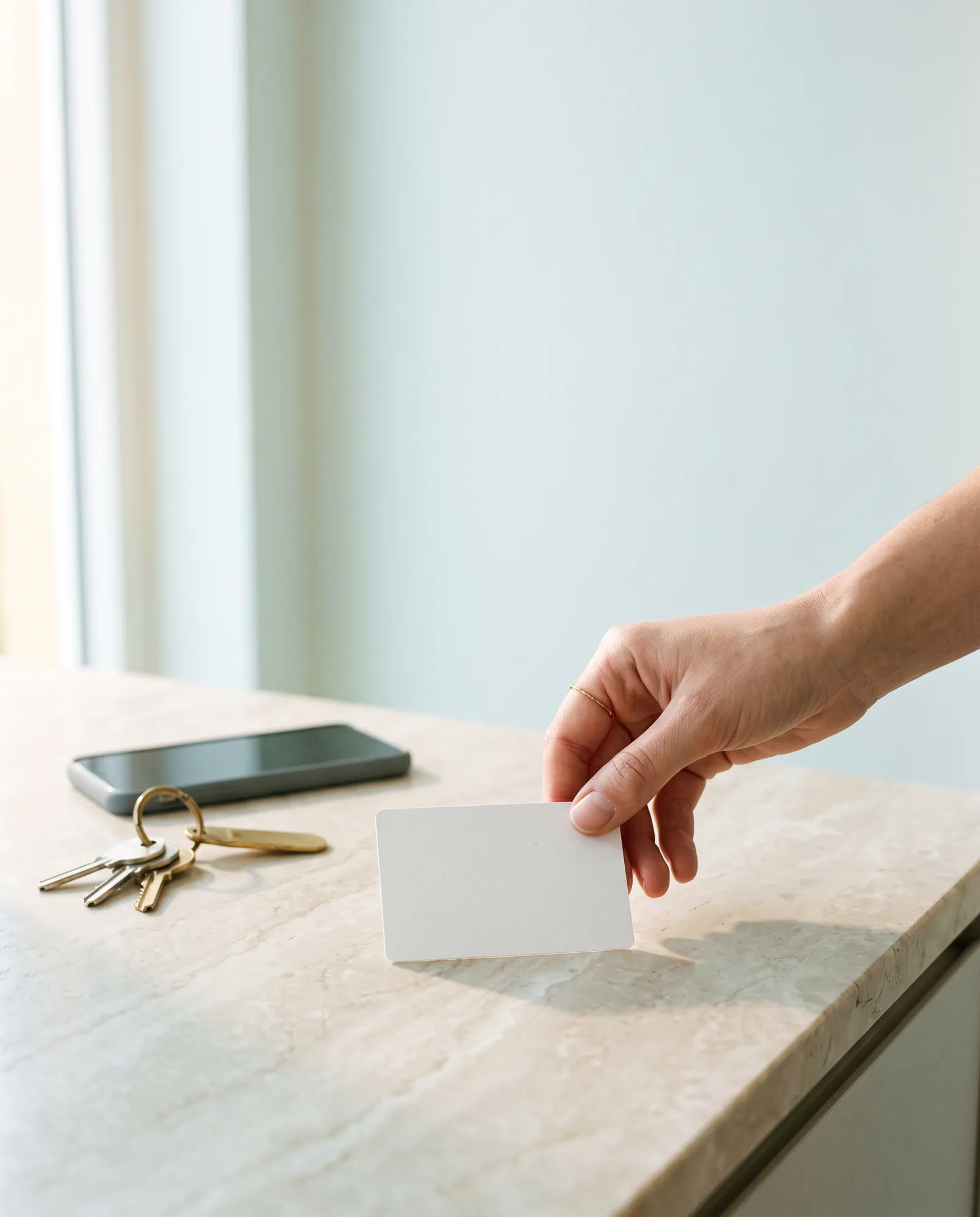 A student card being set down on a pale stone reception counter beside keys and a phone, in soft daylight