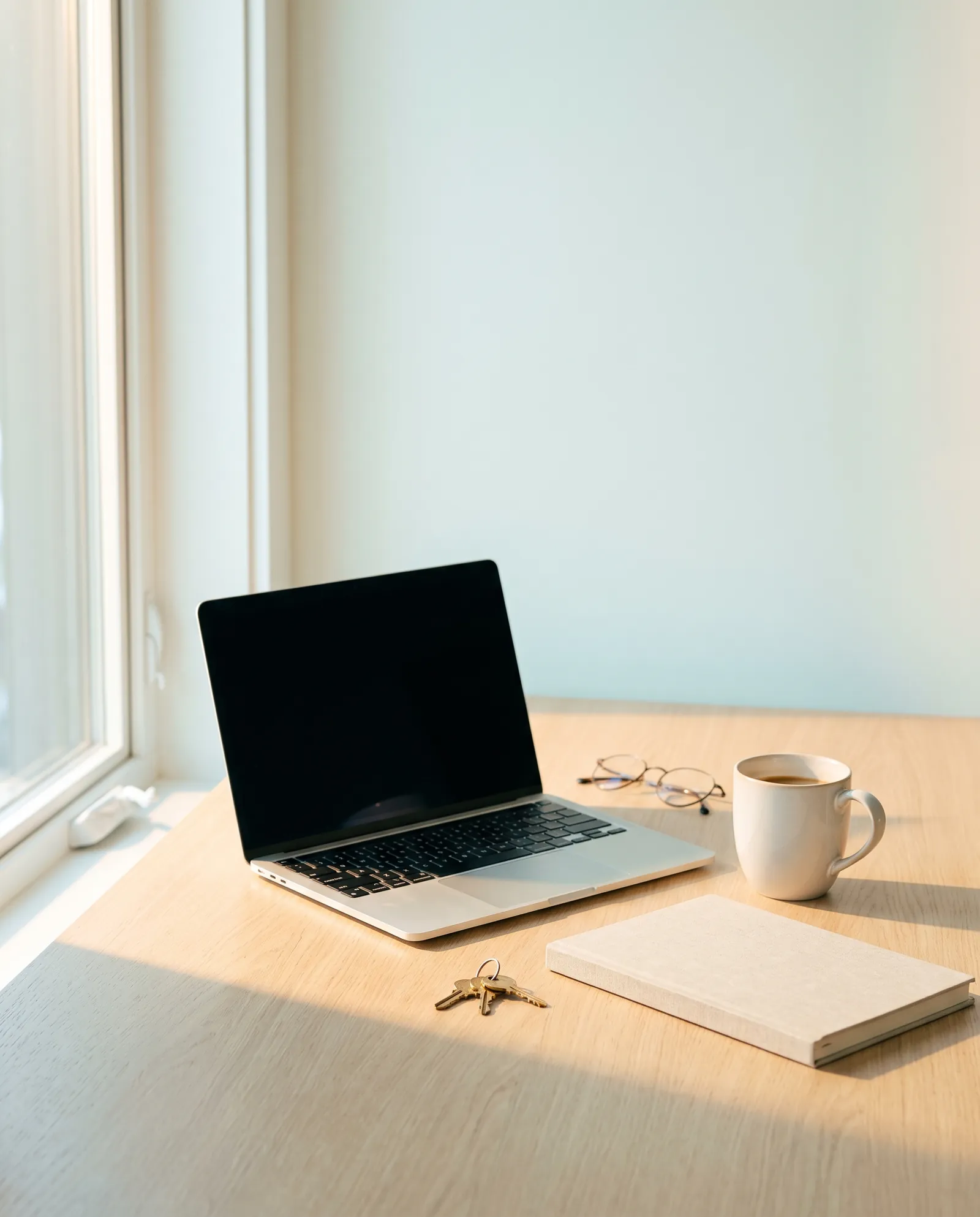 A study table by a window in morning light with a laptop, a mug of coffee, keys and a closed notebook