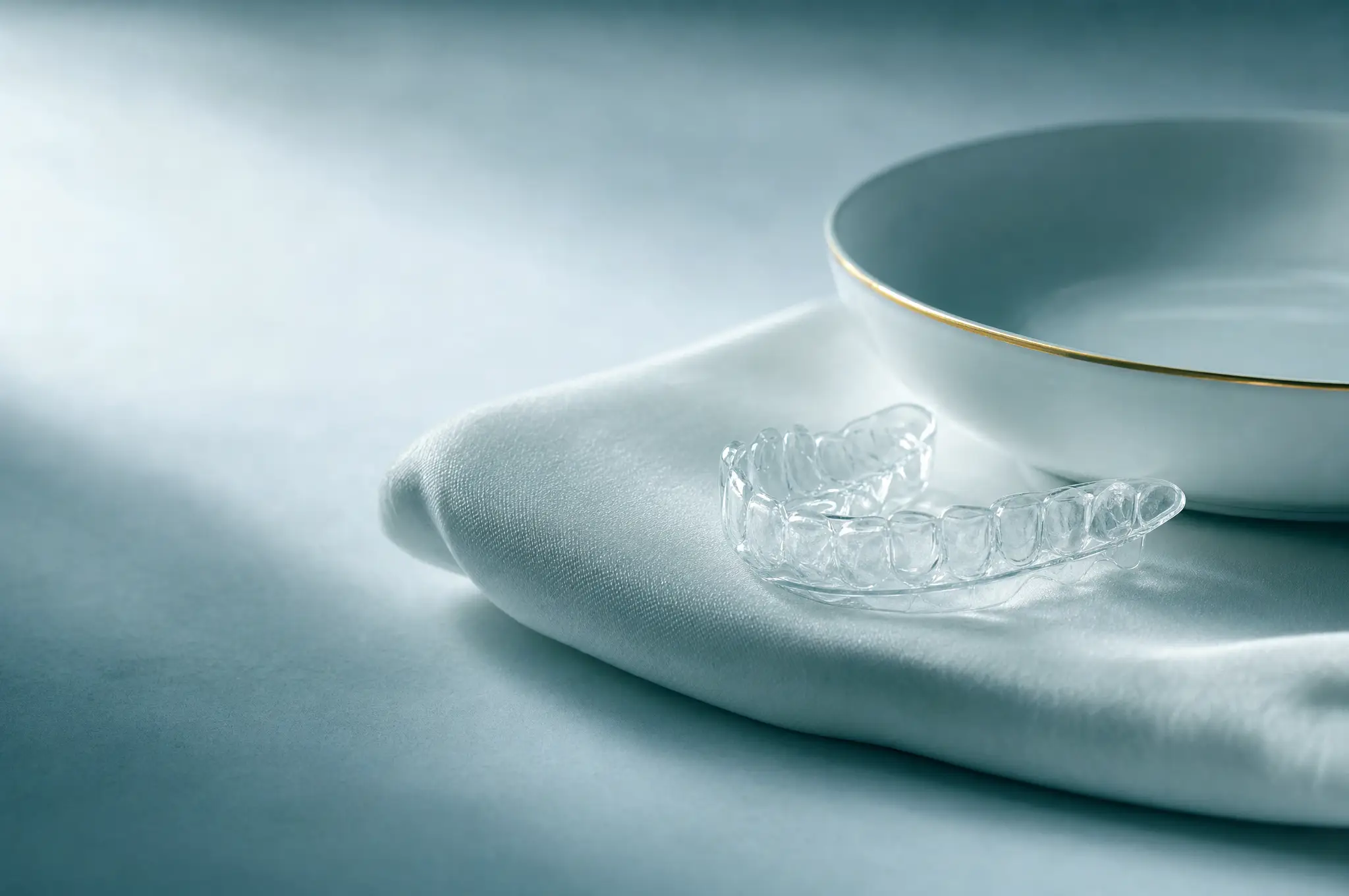 A custom take-home whitening tray and its case, laid out on the clinic's aqua and pearl palette
